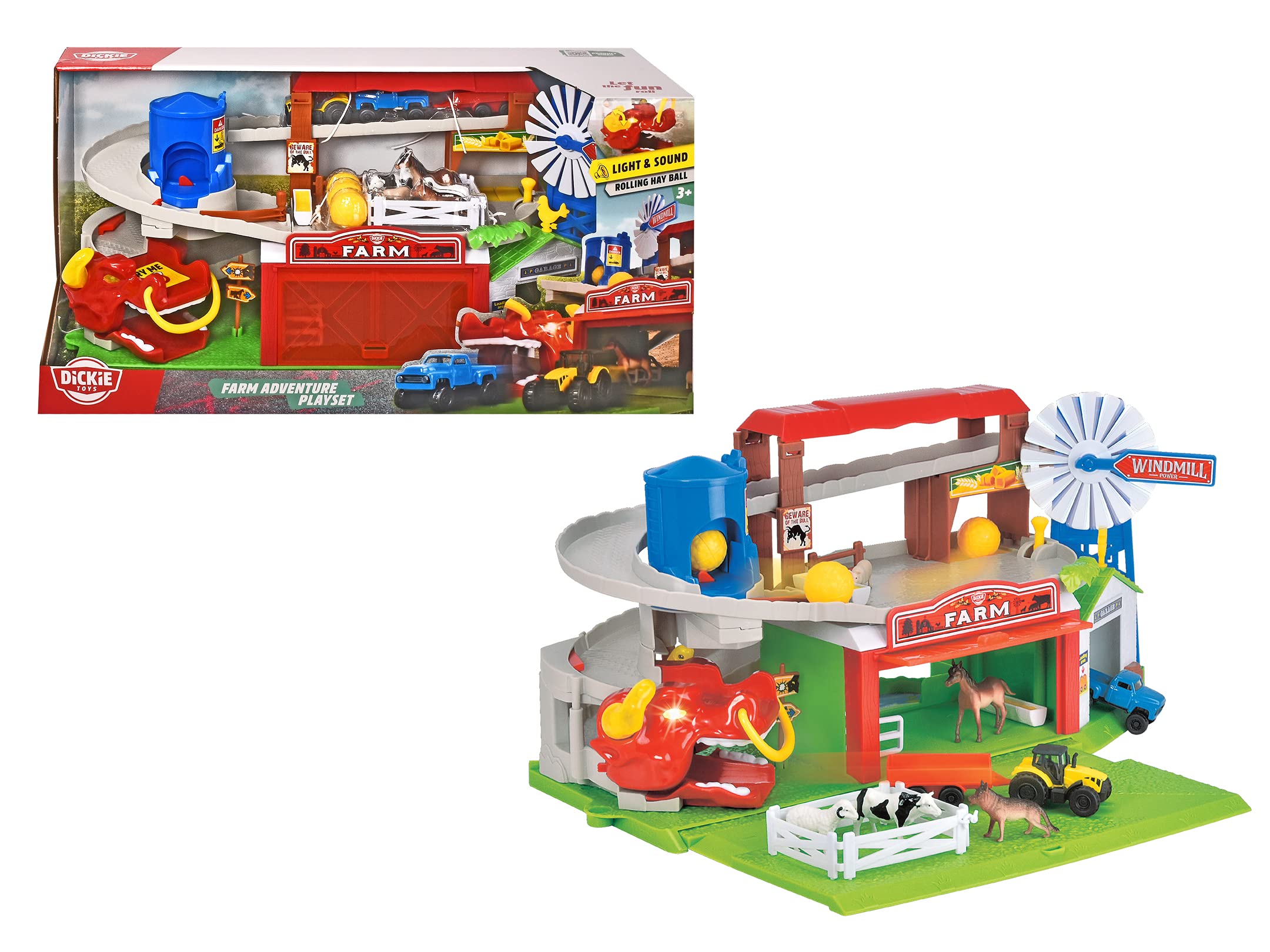 Dickie Toys 203739003 Farm Adventure Parking, Garage, Play Set, Light & Sound, Lift, Includes Animals, Hay Balls, Trap Door, 2 Toy Cars, 18 x 52 x 22.5 cm, for Children from 3 Years