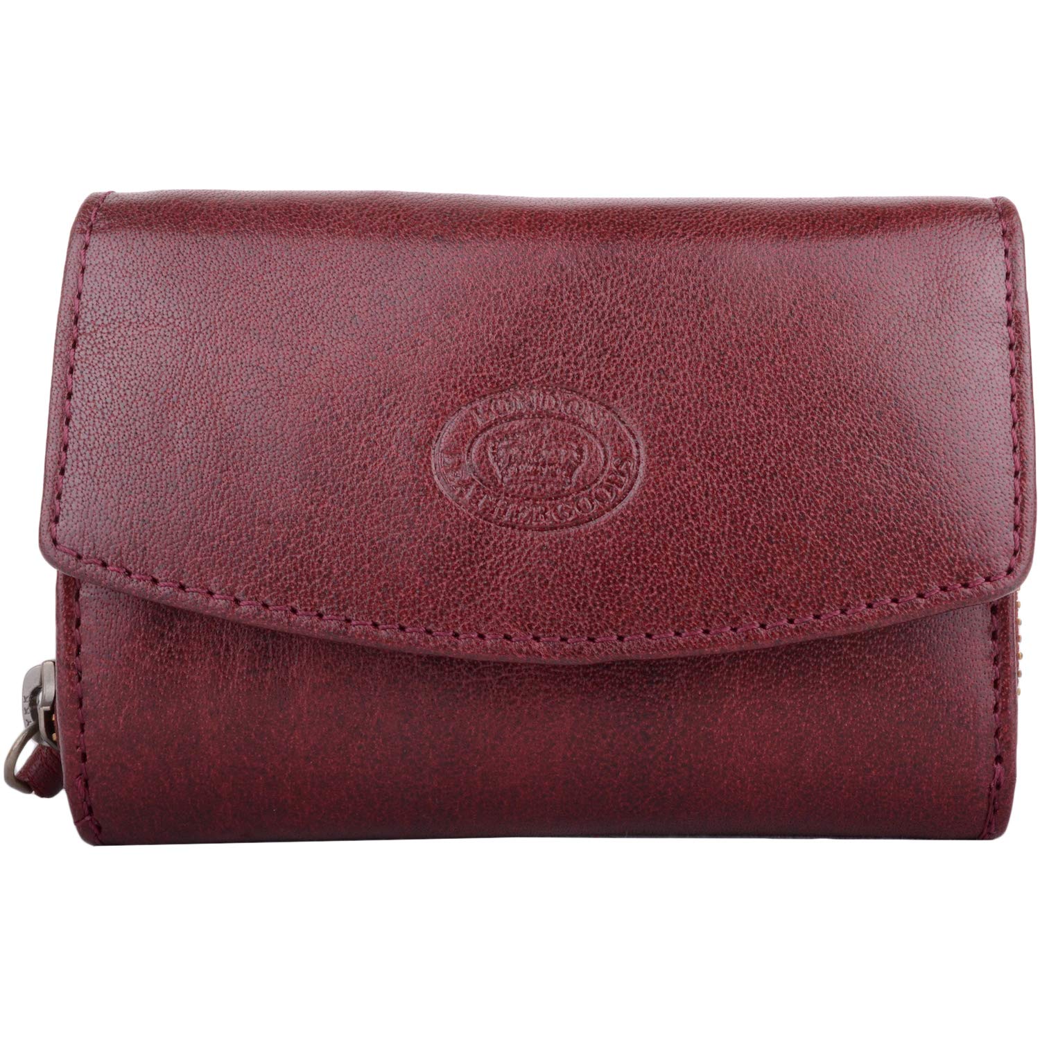 Womens Multi-Functional Buffled Crumple Leather RFID Protected Money Credit Card Purse - Dark Red