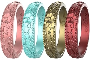 Zollen Silicone Wedding Rings for Women 1/4/7 Packs -Stackable Silicone Rubber Wedding Bands - Innovative Flower & Vine Collection
