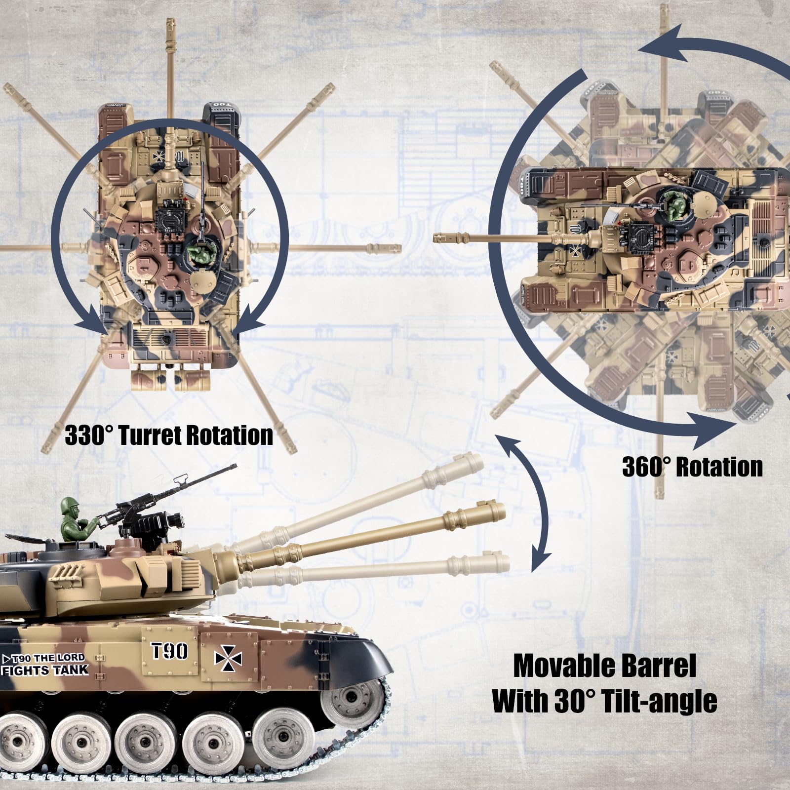Supdex RC Tank, 1:18 Russian T-90 Metal Tracks Remote Control Model Tank Toys, 2.4Ghz Army Toys with Smoke, Sound and Light, RC Military Vehicle That Shoots BBS and Water Bullets for Adults and Kids