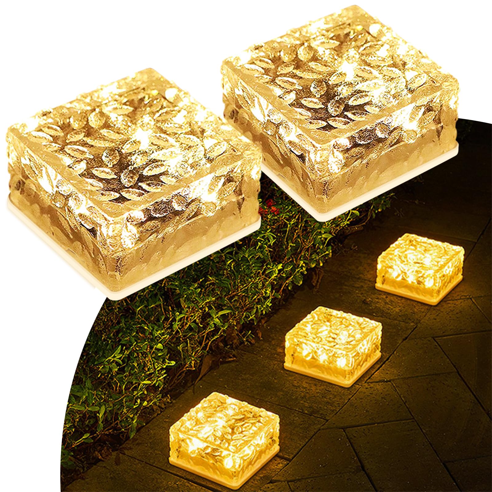 MEDOYOH 2PCS Warmwhite Light Solar Light PVC Brick, 10x10x5CM Solar Ground Light On/Off Ponds Lights Outdoor Garden Ornaments
