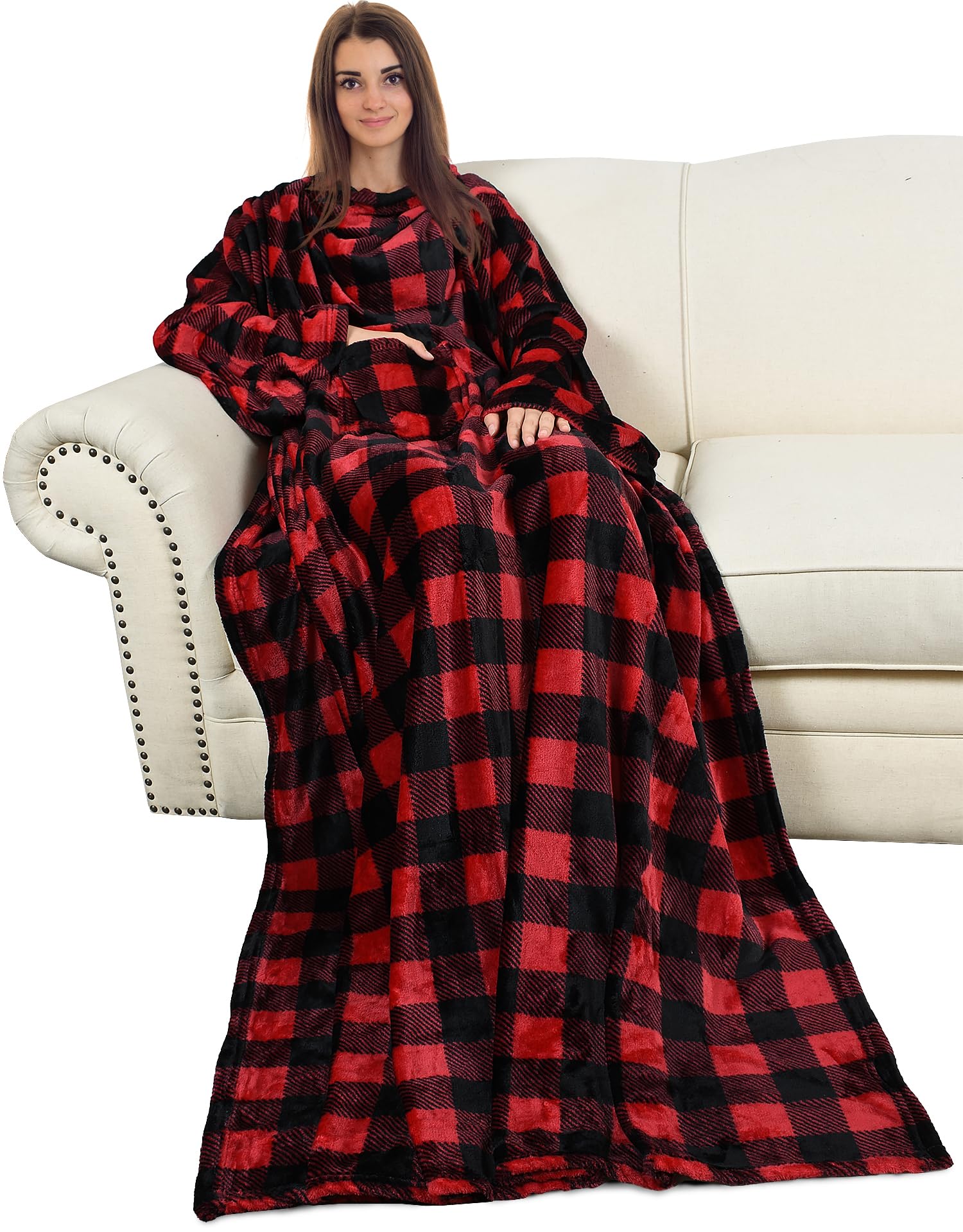 Catalonia Classy Wearable Blanket with Sleeves, Cozy Gift for Women Wife Girlfriend, Warm Soft Fleece TV Blanket with Arms for Sofa Couch, Gift for Her, 185 x 130 cm Plaid Red
