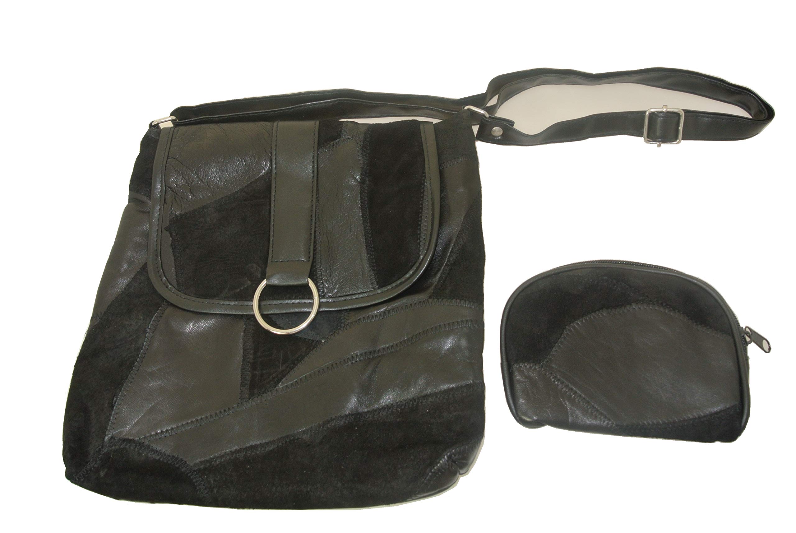 Genuine Lambskin Patchwork Handbag and Cosmetic Bag - Handbag - Black Color - INTERCHARMS©