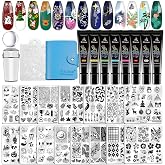 Biutee Nail Stamper Kit 15pcs Nail Art Stamp Plate 8pcs Stamp Gel Polish 1pcs Nail Stamper Scraper Set with Storage Bag, Nail Stamp Template Kit Flower Lace Animal Star Christmas Design