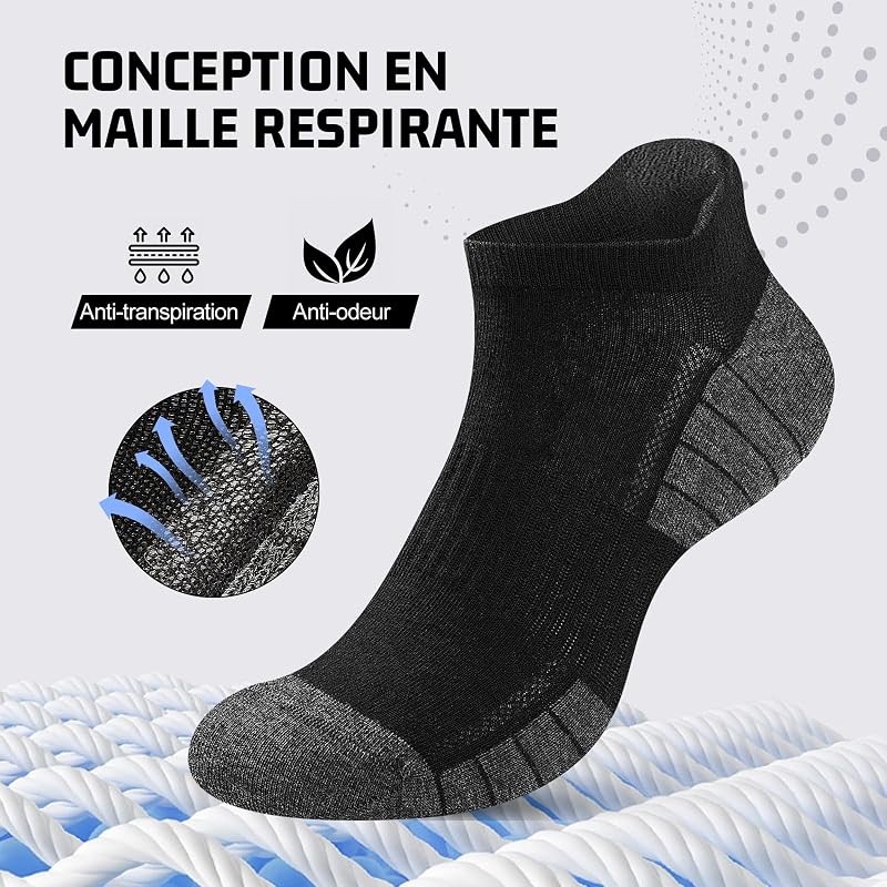 10 Paires Chaussettes Basses Homme Femme, Socquettes Coton Courtes Respirantes Antidérapantes, Sport Running Unisexe Noir 39-42