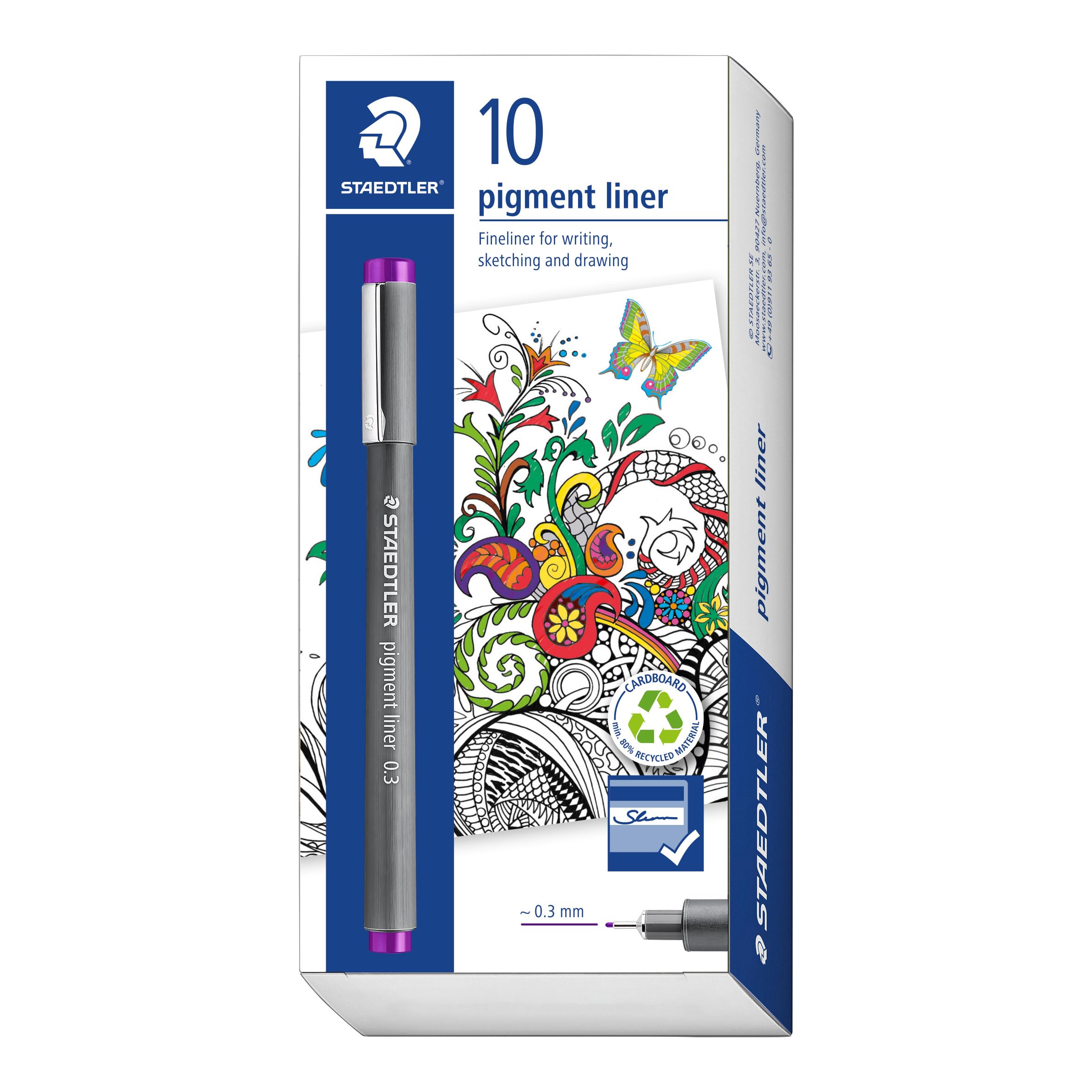 Staedtler 308 Pigment Liner Fineliner - Waterproof, Lightfast, Permanent - 0.3mm - Pack of 10 - Violet