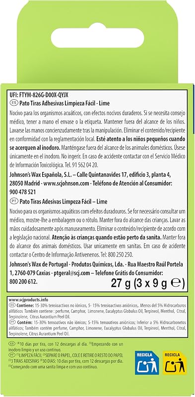 Tiras Adhesivas WC Lima, Limpia, Refresca y Perfuma el Inodoro, Frescor Intenso, Pack de 10 = 30