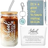 Sunnychicc 5 Pcs School Counselor Must Have for Women 16oz Glass Cup Makeup Bag Leather Notebook Pen Keychain Thank You Gift for School Counseling Week Guidance Teacher Appreciation(Blue)