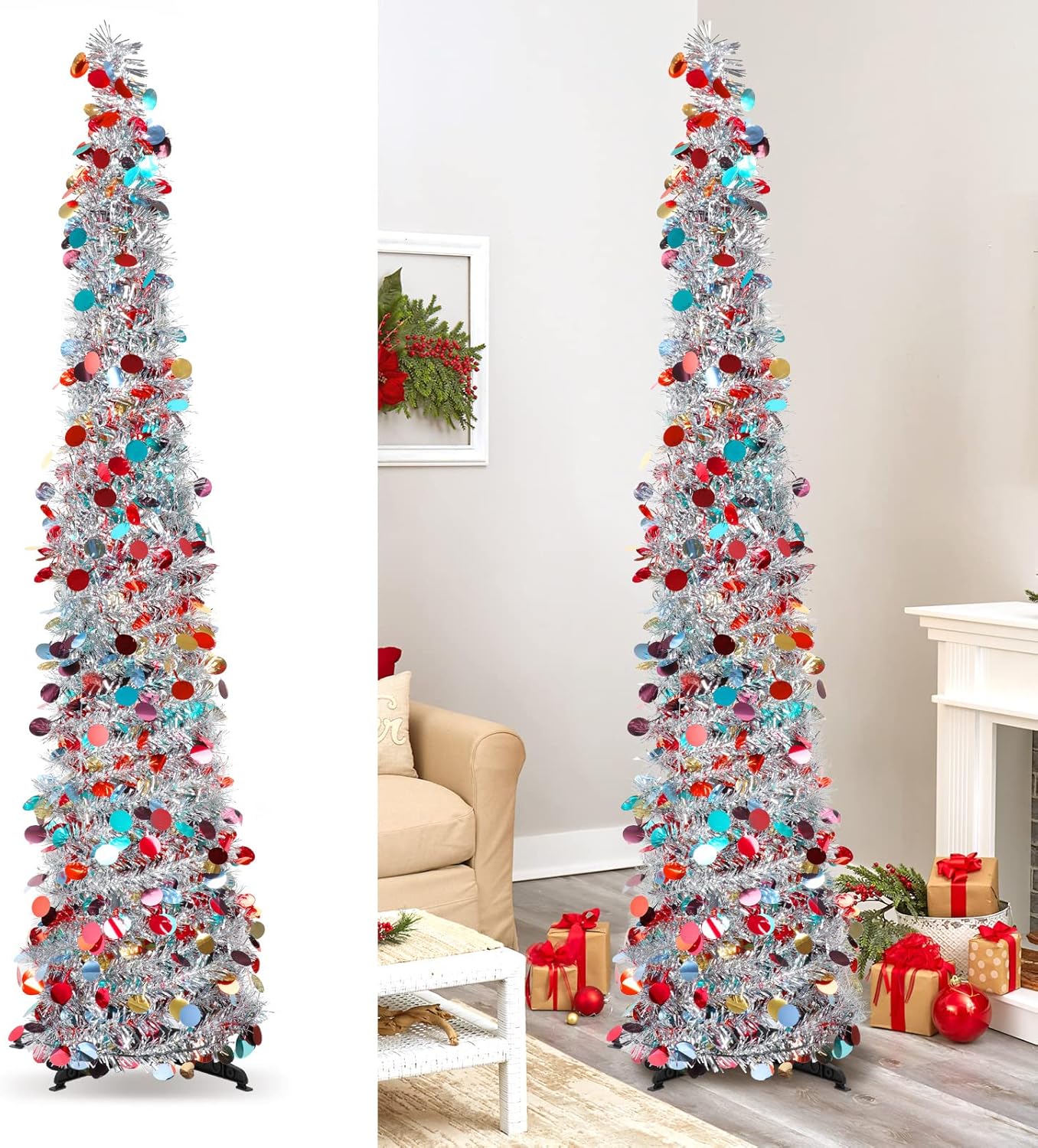 Trees - LHMTQVK Christmas Tree, 5Ft Artificial Christmas Tree Decorations Pencil Xmas Tree for Home Party Office Fireplace Holiday Decorations (Silver)