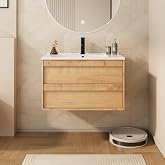 eclife 30" Floating Bathroom Vanity Sink Combo, Wall Mounted Modern Minimalist Storage Cabinet with 2 Drawers, Include White Sink, Faucet &amp; Drain, Natural