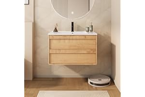 eclife 30" Floating Bathroom Vanity Sink Combo, Wall Mounted Modern Minimalist Storage Cabinet with 2 Drawers, Include Sink, Faucet & Drain, Natural