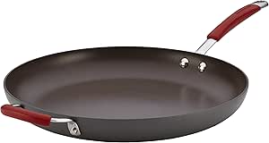 Rachael Ray 87631-T Cucina Hard Anodized Nonstick Skillet with Helper Handle, 14 Inch Frying Pan, Gray/Red