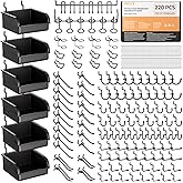 INCLY 220PCS Extra Thick 1/4" Pegboard Accessories Organizer Kit, Heavy Duty Black Pegboard Hooks with Bins and Peg Lock, Peg Board Hooks Assortment for Garage Wall Attachments Hanging Tools
