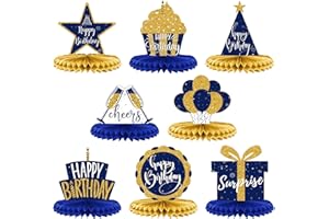 Spakon 8 Pieces Blue Gold Happy Birthday Table Decorations Happy Birthday Honeycomb Centerpieces Glitter Table Toppers Blue and Gold Party Decorations for Men and Women Party Supplies
