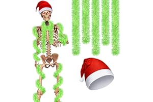 Cozypower 3 Pcs 12 ft Christmas Giant Skeleton Costume Accessories Giant Santa Hat 2 Pcs Metallic Garlands Skeleton Costume(Red,Light Green)