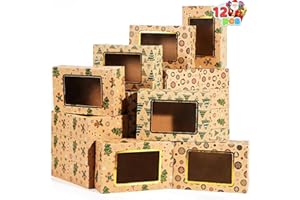 JOYIN 24 PCS Foiled Christmas Cookie Boxes for Gift Giving, 8.75" x 5.75" x 2.75” Bakery Boxes with Window, 3 Design Brown Kraft Cardboard Treat Box for Xmas Holiday Pastries Cupcakes Doughnut Wrap