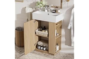 Freestanding Bathroom Vanity with Ceramic Sink, 21.6" Modern Powder Room Vanity with Tissue Holder, Wood Grain MDF Cabinet wi