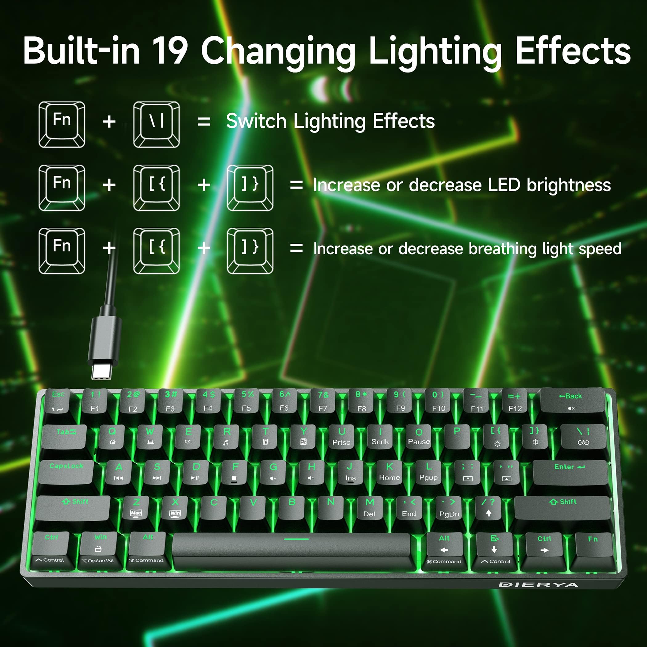 DIERYA DK61SE 60% Mechanical Gaming Keyboard, 61 Keys Anti-Ghosting, LED Backlight, Detachable USB-C, Ultra-Compact Mini Wired Keyboard with Red Linear Switch for Windows Laptop PC Gamer Typist
