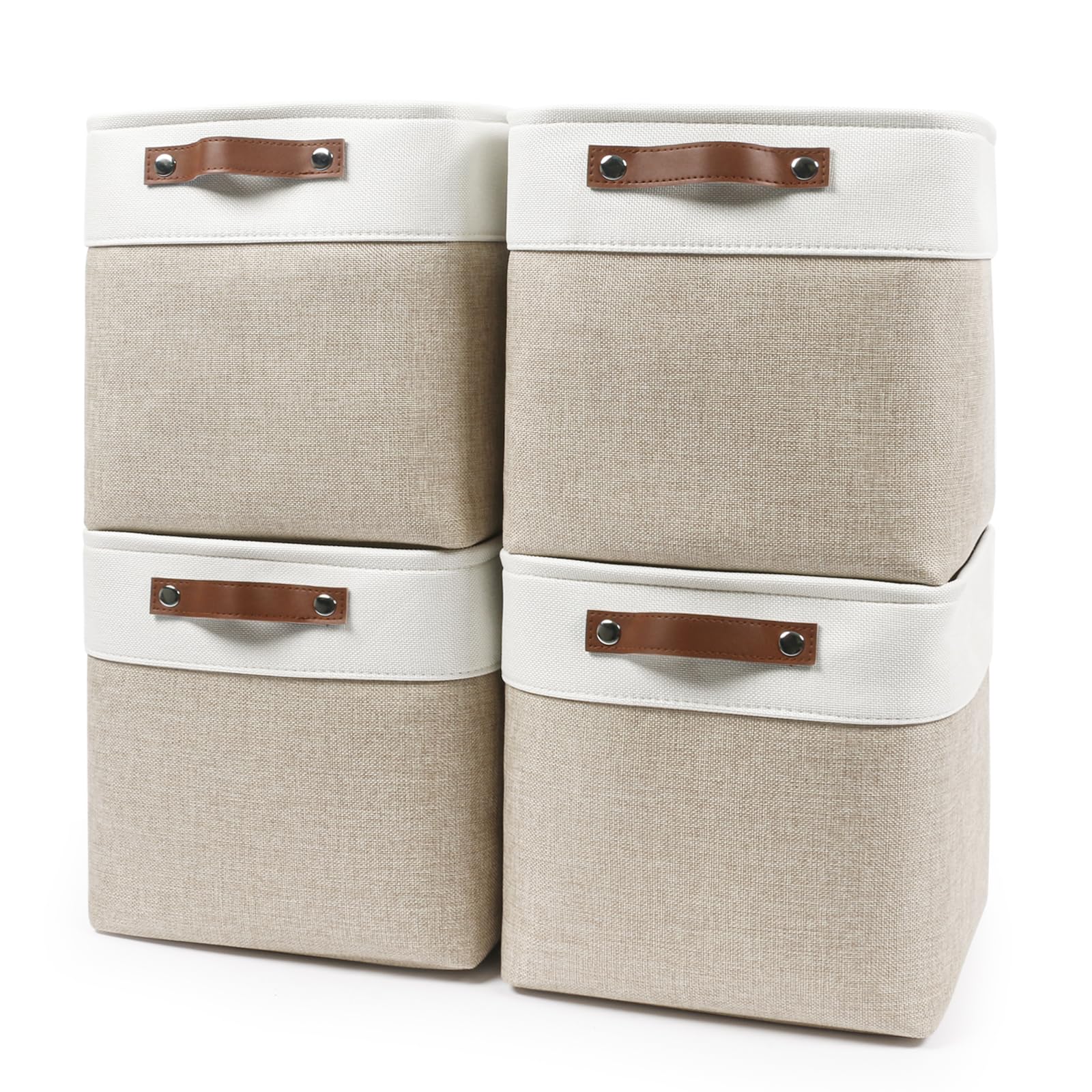 Photo 1 of Bagnizer Collapsible Fabric Storage Cubes 11x11 Cube Storage Bins, 4 Pack Closet Baskets Box with Handles for Organizing, Shelf, Toys, Clothes, Home, Office, Nursery (Beige&White)
