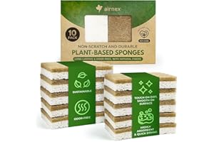AIRNEX 10 Pack Biodegradable Natural Kitchen Sponges - Eco Friendly Cellulose and Coconut Dish Scrubbers - Odourless, Non Scr