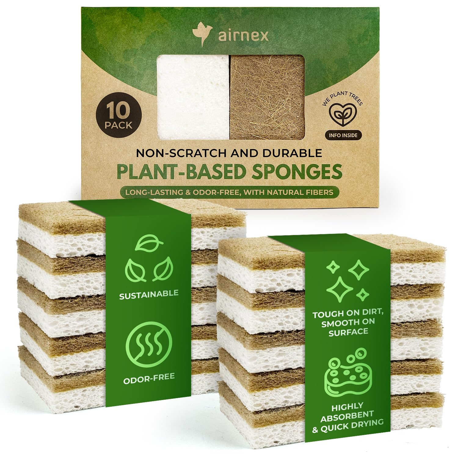 Photo 1 of 10 Pack Biodegradable Natural Kitchen Sponge - Compostable Cellulose and Coconut Walnut Scrubber Sponge - Eco Friendly Sponges for Dishes