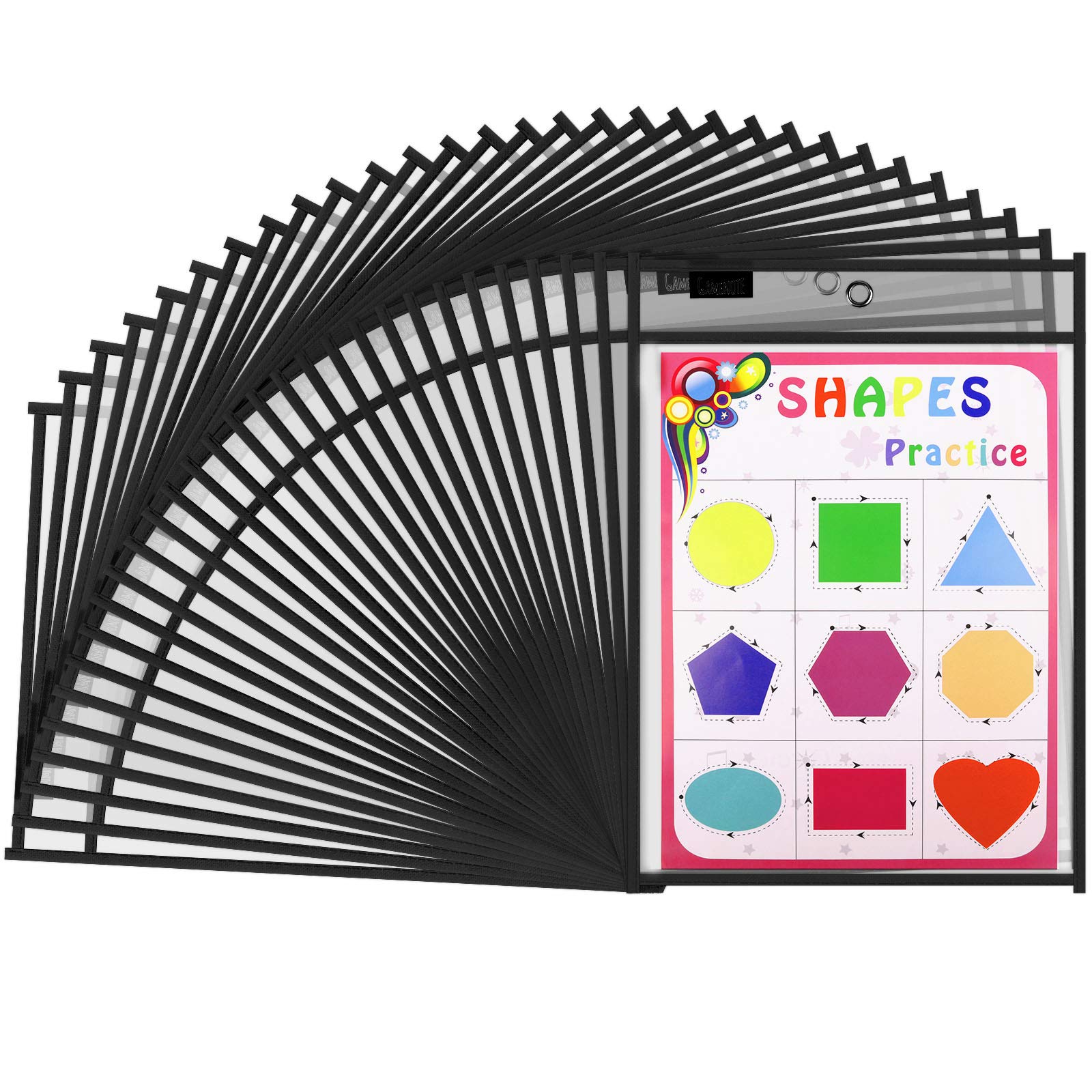 Gamenote Dry Erase Pockets 30 Pack with Rings - Oversized Reusable Plastic Sleeves Shop Ticket Holders Sheet Protectors Teacher Supplies for Classroom Organization (Black)