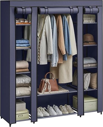 SONGMICS Fabric Wardrobe Portable Wardrobe with 12 Compartments Navy Blue