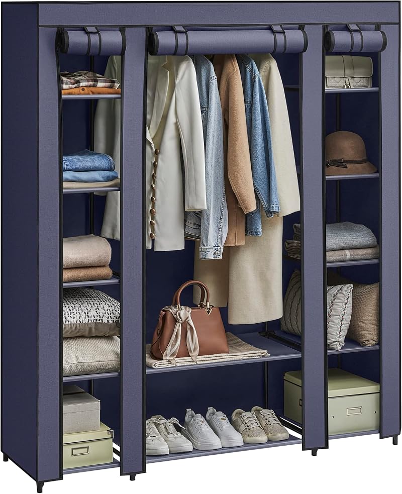 SONGMICS Fabric Wardrobe Portable Wardrobe with 12 Compartments Navy Blue