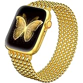 fastgo Gold Beaded Bracelet Band Compatible with Apple Watch Band 41mm/40mm/38mm/44mm/45mm/42mm/49mm Women, Dressy Elastic Stretchy Beaded Strap for Iwatch Series 9 Ultra 8 7 6 5 4 3 2 1 SE(Gold)