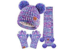 SENPUKI Kids Winter Hat Gloves Scarf Set, Girls Toddler Children Beanie with Pom Knit Neck Warmer Gaiter Mittens Fleece Lined Set
