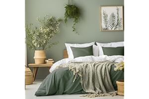 MKXI Shabby Chic Duvet Cover Twin Size Dorm Bedding Soft Prewashed Cotton Olive Green Textured linen look Duvet Cover Set for Summer, 1 Duvet Cover with Zipper and 2 pillowcases