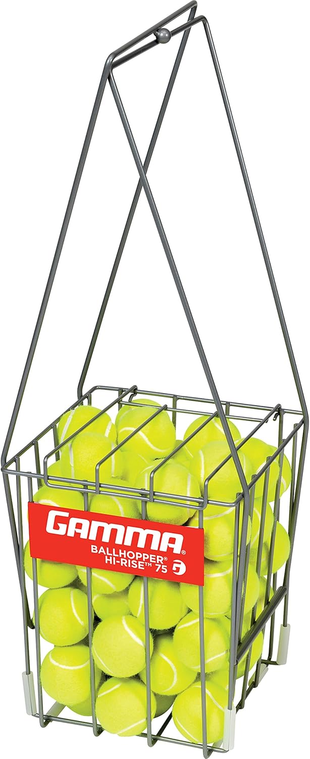 GAMMA Tennis Ball Hopper Hi-Rise 75| Silver Tennis Ball Holder W/ 75 Ball Capacity| Easy Pick Up- Fingertip Height Basket| Lid For Spill Prevention| Premium Tennis Accessories, Carriers & Ball Pick-ups : Tennis Ball Hoppers : Sports & Outdoors