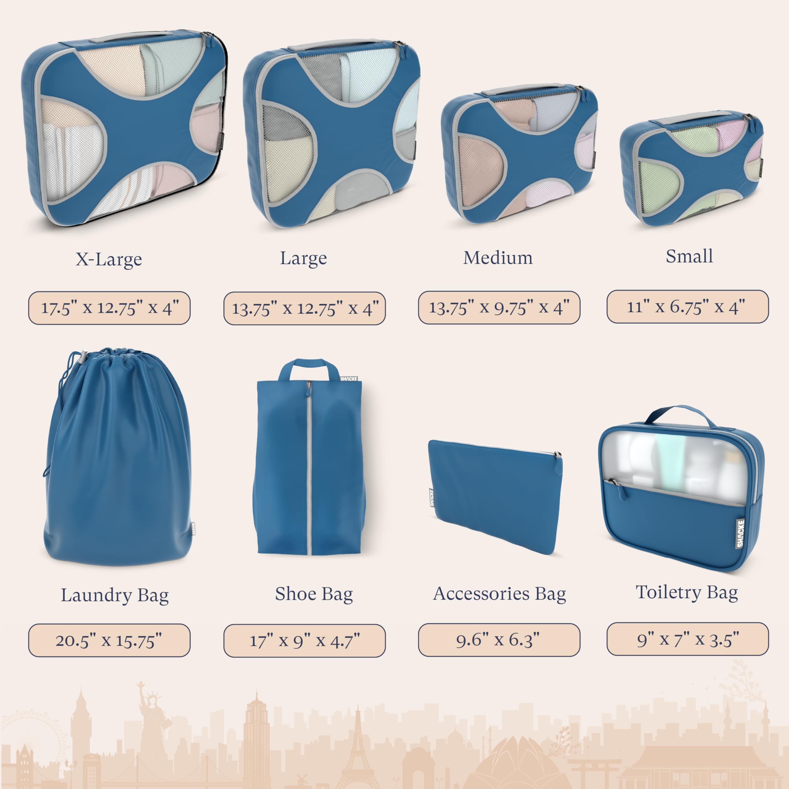 Shacke Shacke Premium 8 Packing Cubes Set - Lightweight Mesh Travel Luggage Organizers with Laundry Bag, 8-Piece Suitcase Storage System (Navy)