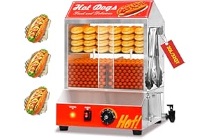 DEYGIA 32QT Hot Dog Steamer, 2-Tier Stainless Steel Hot Dog Hut Steamer with Bun Warmer, Electric Hot Dog Bun Steamer with Sliding Door and Clip, Hold 175 Hotdogs and 40 Buns, 32℉-185℉ Temp Control, 1000W