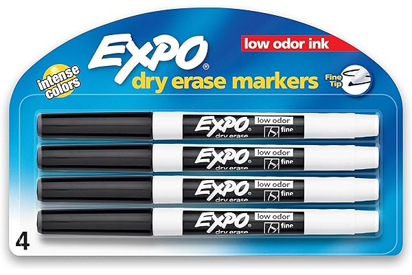 EXPO Low Odor Dry Erase Markers, Fine Tip, Black 4 Count