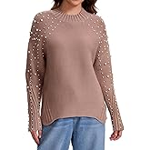 Froggirl Women's Chunky Knit Oversized Sweater Drop Shoulder Long Sleeve Ribbed Crewneck Pullover with Pearls