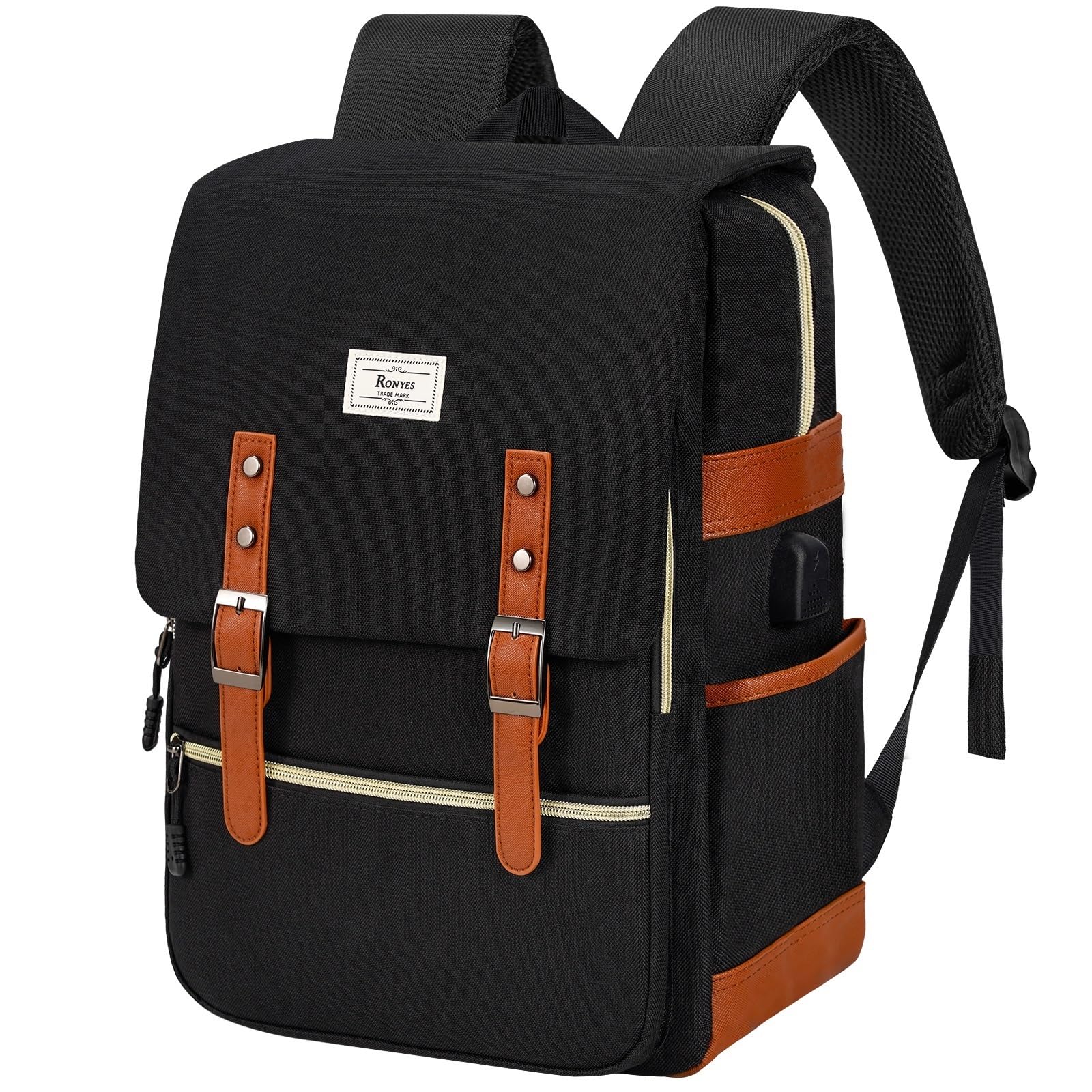 Photo 1 of Ronyes Vintage Laptop Backpack for Women Men,15.6 inch Bookbag Casual Daypack with USB Charging Port for College Work, Black Backpacks