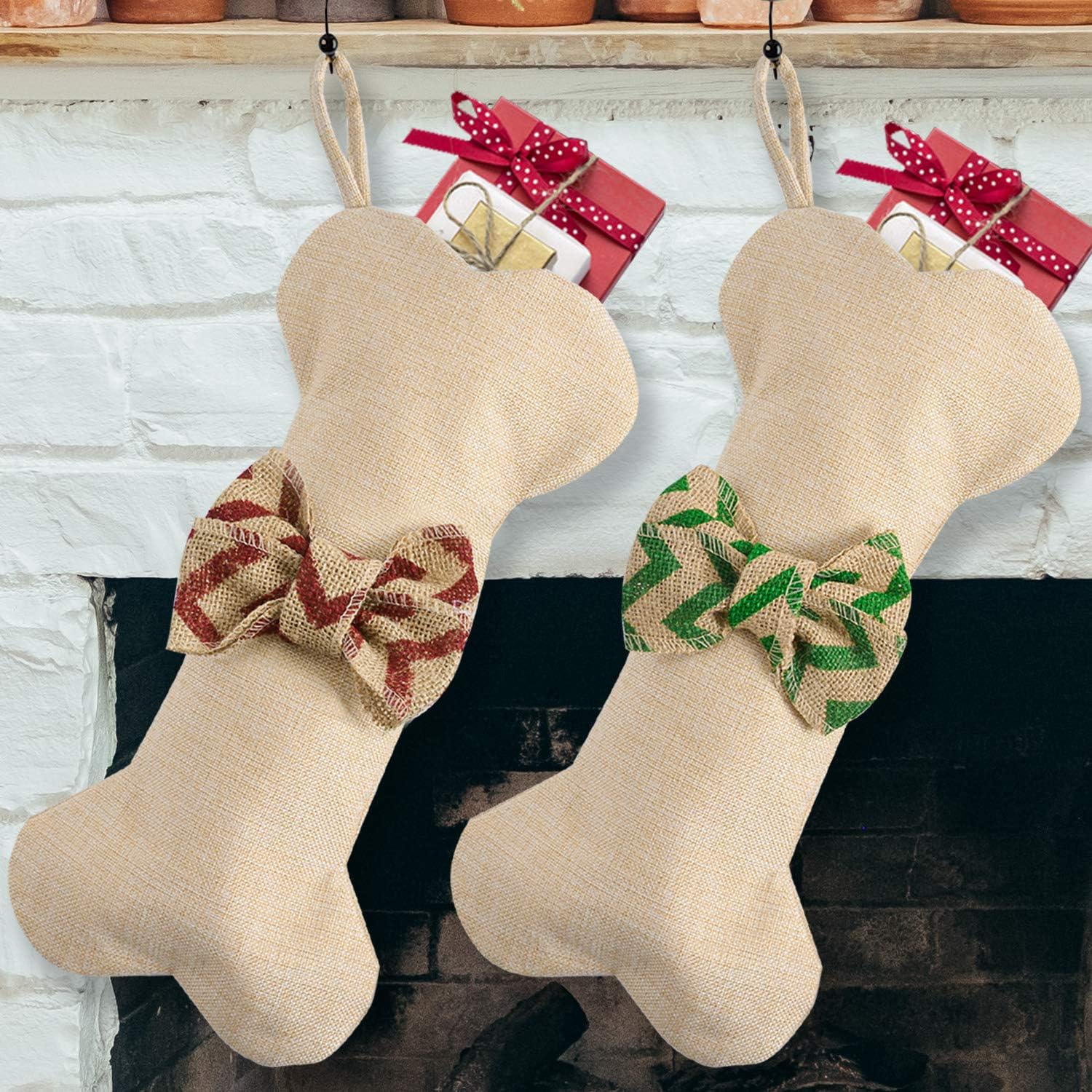 Stockings & Holders - Tanlee 2 Pieces Dog Bone Christmas Stockings 16 Inch Large Line Pet Christmas Stockings with Bowknot Burlap Fireplace Hanging Stockings Gift Bags for Christmas Decorations