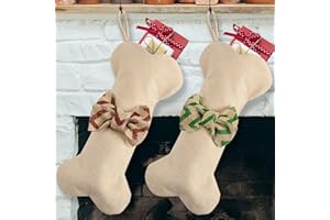 Tanlee 2 Pieces Dog Bone Christmas Stockings 16 Inch Large Line Pet Christmas Stockings with Bowknot Burlap Fireplace Hanging Stockings Gift Bags for Christmas Decorations