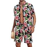 YTD Mens Flower Hawaiian 2 Piece Outfit Sets Short Sleeve Beach Casual Button Down Shirt and Shorts Suits