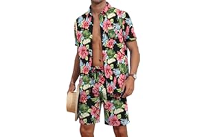 YTD Mens Flower Hawaiian 2 Piece Outfit Sets Short Sleeve Beach Casual Button Down Shirt and Shorts Suits
