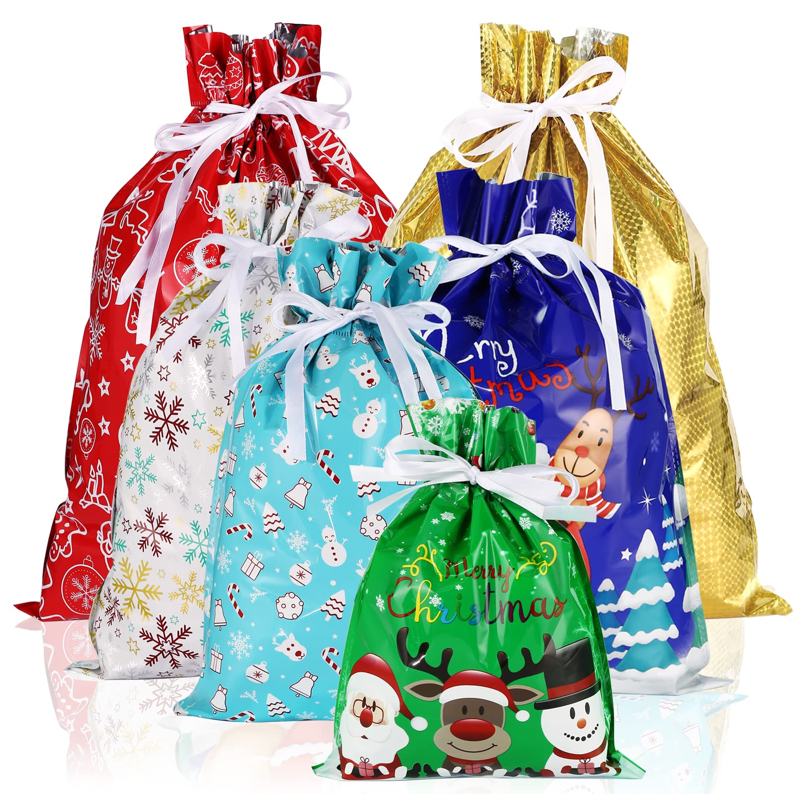 CASPLUS Christmas Drawstring Gift Bags,12 pack Foil wrapping bags for Presents, Gift and Christmas Party Multipack Xmas Tie Bags for Party, Presents, Holiday Decorations