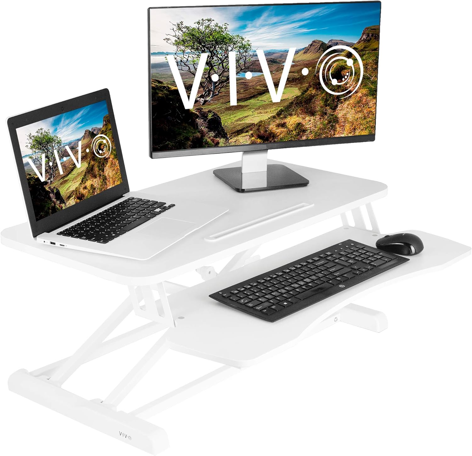VIVO White Height Adjustable 32 inch Standing Desk Converter | Sit Stand Tabletop Dual Monitor and Laptop Riser Workstation (DESK-V000KW)