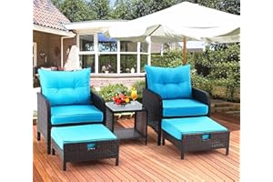 AVAWING 5 Pieces Patio Furniture Set, Outdoor Rattan Chairs with Tempered Glass Coffee Table, Ottomans & Soft Cushions, Wicker Conversation Bistro Set for Garden, Porch, Deck, Balcony (Blue)