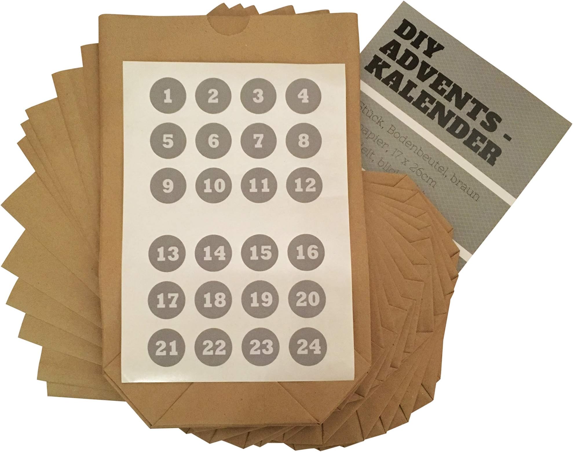 Advent Calendar 24 Kraft Paper Bags with 24 Stickers, DIY Craft Set with Gift Bag for Crafting and Filling as Advent Bag with Number Stickers for Seal