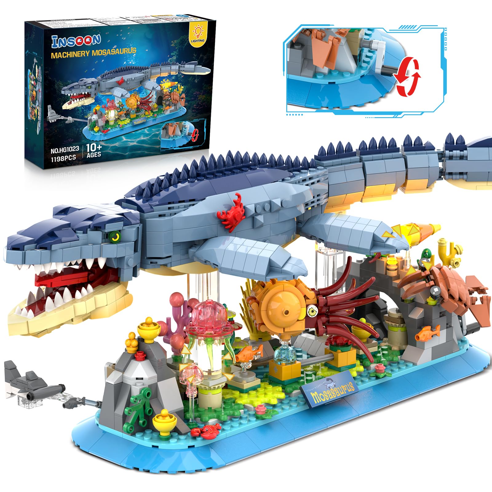 Photo 1 of *MISSING PARTS*
INSOON Mosasaurus Building Set with LED Light, 1219 PCS Movable Ocean Animal Building Block Toy with Nautiluses Jellyfish Squid Coral Reef, Ancient Reptile Home Decor Gift for Adults Teens Boys 12+