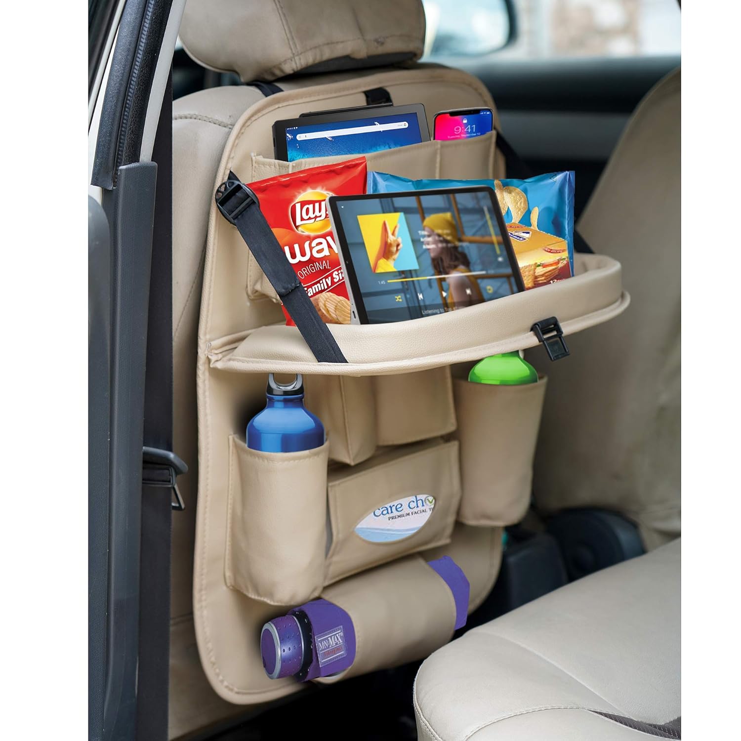 Cohome Leather Car Backseat Organizer with Foldable Dining Table Tray Waterproof Back Seat