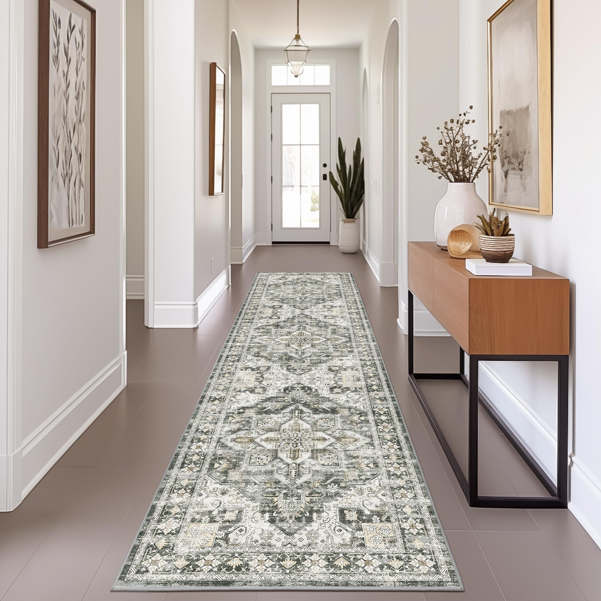Photo 1 of Restydon Runner Rug 2x8 Runners for Hallways Non Slip Washable, Vintage Hallway Runner Rugs for Living Room, Low Pile Soft Hallway Rug for Kitchen Bedroom Laundry Room Rug(Grey/Beige,2'x8')