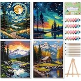 Qoosea Paint by Numbers Kit for Adults with Framed Canvas 4 Pack | Landscape Paint by Number Arts Kits for Beginner with Wooden Easel, Acrylic Set, Brushes for Home Decor, 9*12 Inch