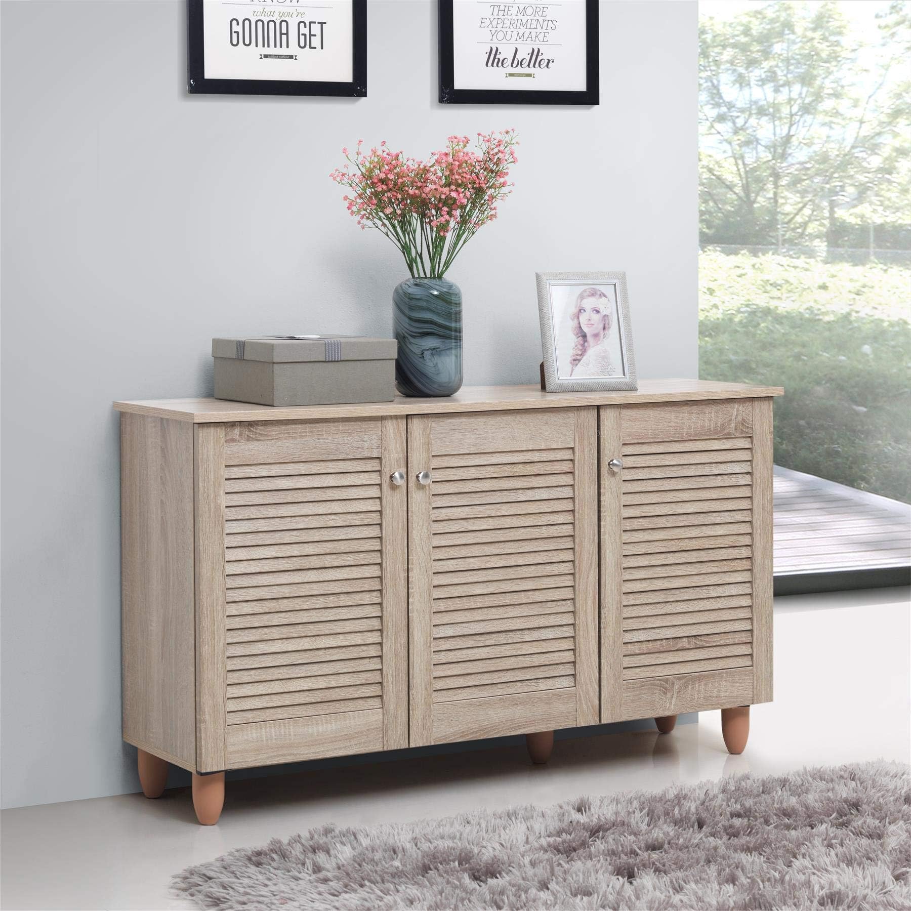 Timber Art Design UK Modern Shoe Storage Cabinet 3 Doors Footwear Stand Rack Unit Cupboard Sonoma Oak